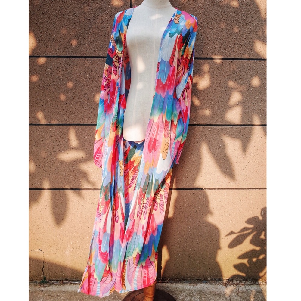 Bohemian Rainbow Feathers Kimono Beach Coverup - Picture 6 of 12